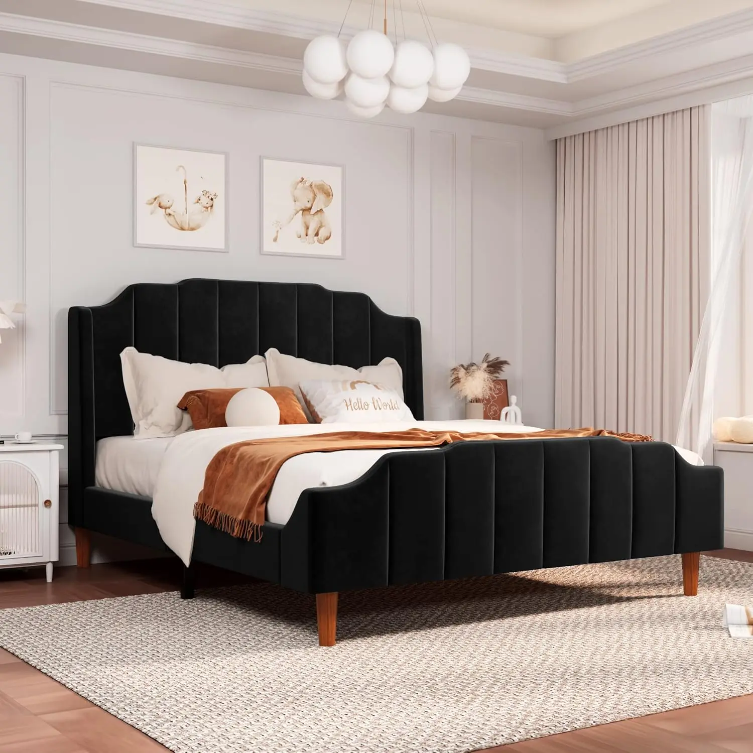 Queen Size Velvet Bed Frame Upholstered Platform Bed w/ Vertical Headboard and Footboard, Solid Wood Leg & Strong Slats Support