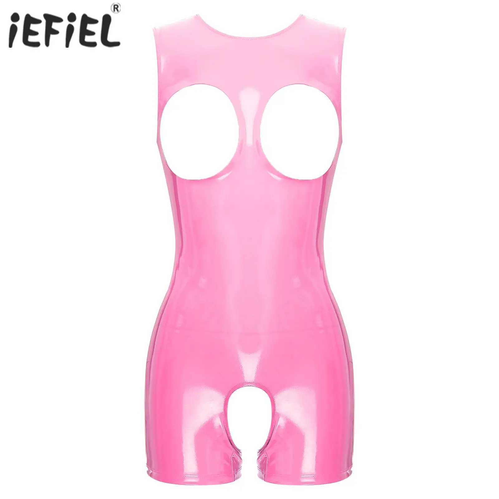 Body de charol con cuello Halter y pecho abierto para mujer, lencería Sexy con copas abiertas, sujetador sin entrepierna, Bodycon con trasero abierto