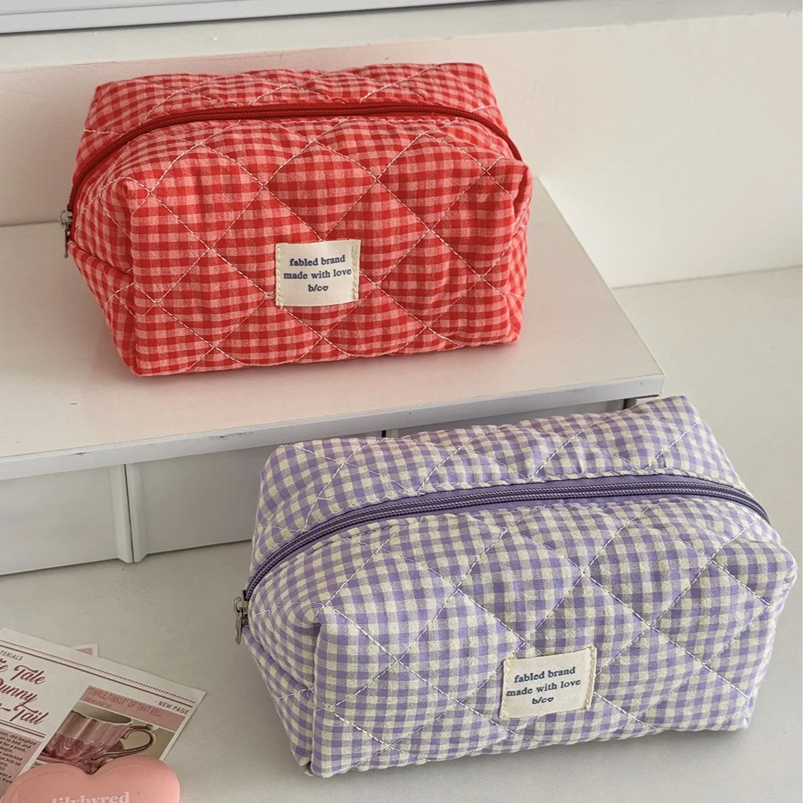 Contrast Color Plaid Women Cosmetic Bag Quilted Cotton Ladies Small Storage Bags Purse Pillow Female Makeup Pouch Case Handbags