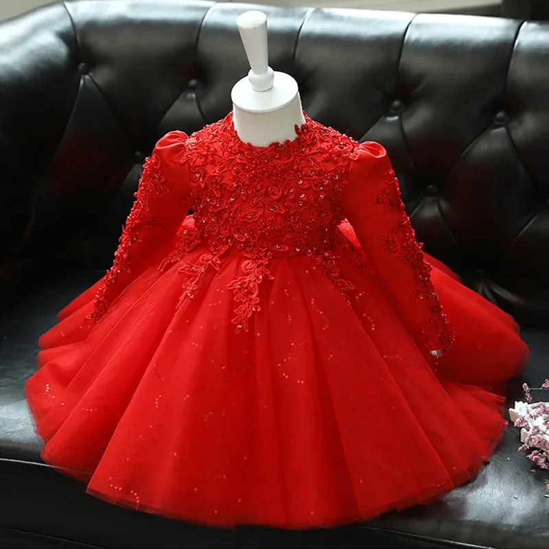 Vestido floral vermelho para casamento, manga longa, bebê, meninas, festa de natal, contas, renda, infantil, primeiro ano, aniversário, batismo