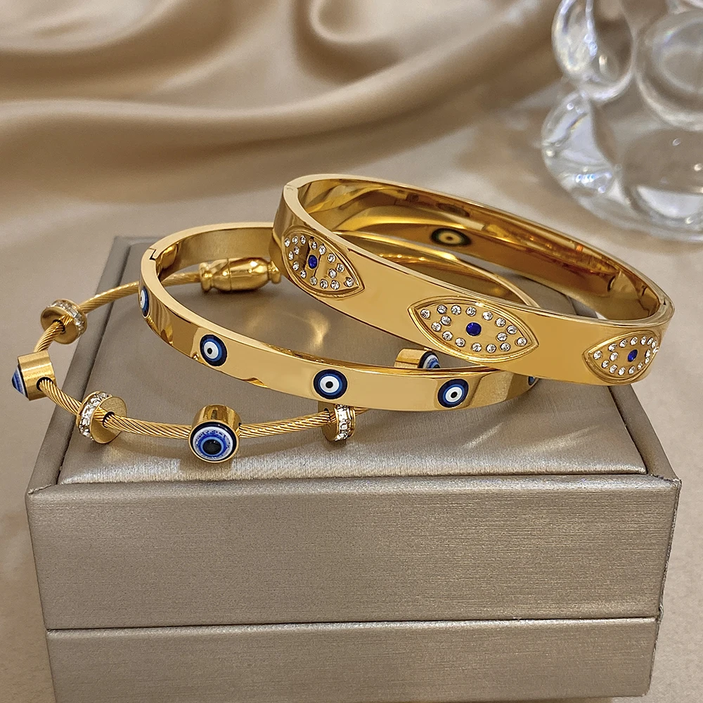 Neue Türkische Böse Augen Strass Edelstahl Manschette Armband Armreif Für Frauen Mode Vergoldet Wasserdicht Charme Schmuck – Detail 2