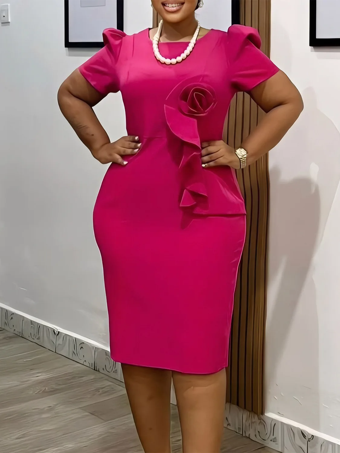 Women's Elegant Hip-Hugging Ruffled Short-Sleeved Dress Fashionable Solid Color Commuting Dress 2026 New Arrival