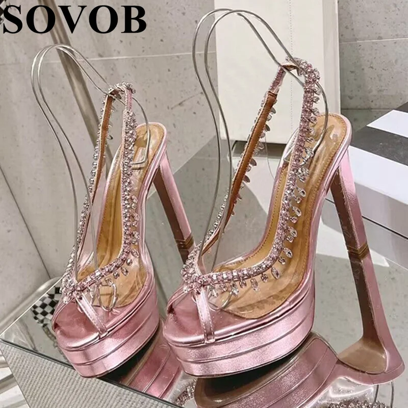 

Women's Summer Genuine Leather Flicker Crystal High Heels Solid Color Open Toe Hollow Out Sandals Party Banquet Dress Shoes