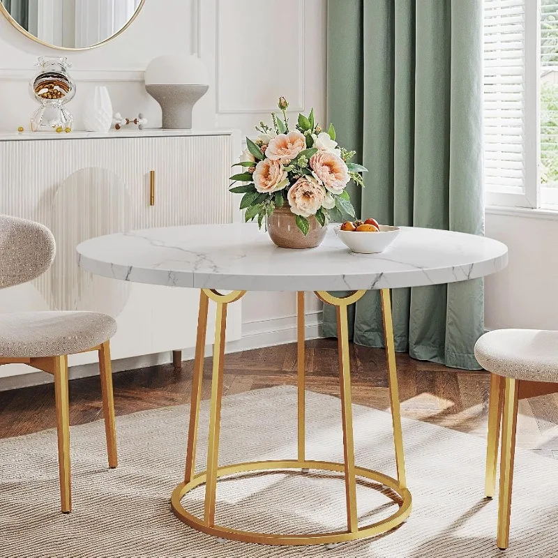 Round Dining Table, 47.24 Inch Kitchen Table for 4 People, Wooden Faux Marble Dinner Room Table with Gold Base for Home