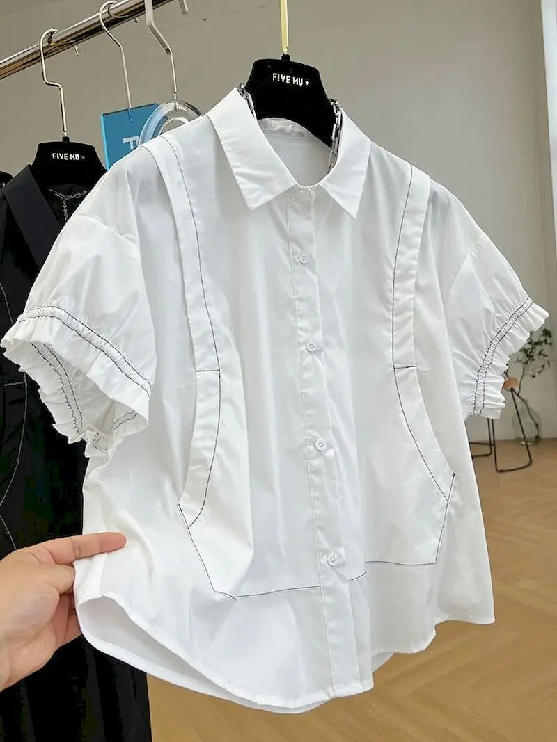 Design Niche Unique Shirts Women High Grade Short Sleeve V-neck Shirt French Style Fashion Blouse Summer Trend Thin Casual Tops