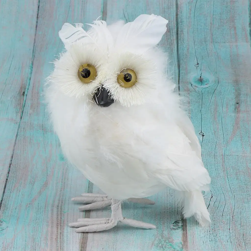 White Feathered Owl Bird Furry Deterrent Home Decor, 7inch