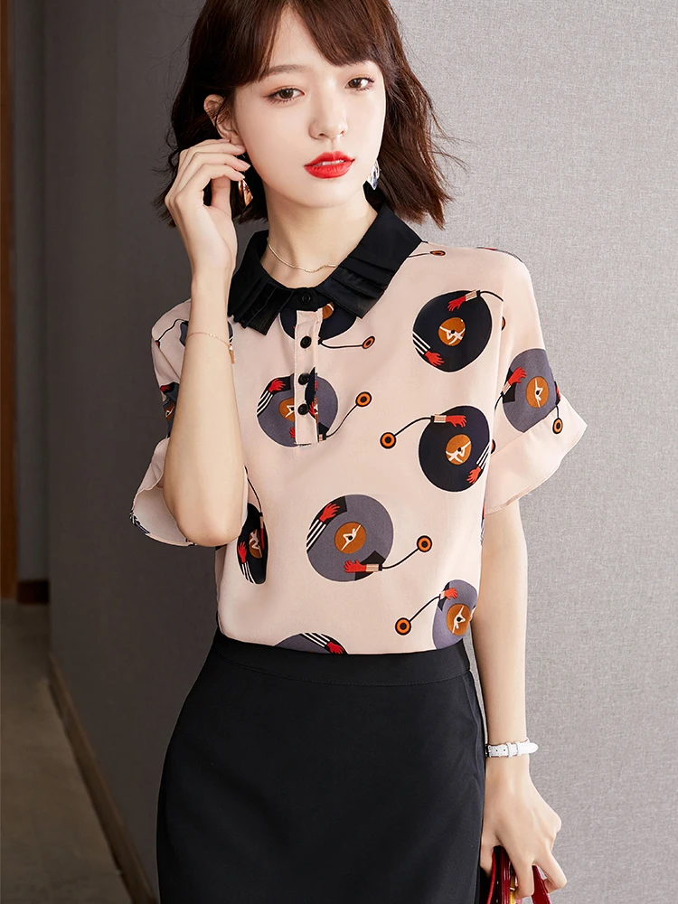 Women Casual Tops Summer New Retro Printing Short Sleeve T-shirt Shirt Lady Temperament Loose Chiffon Blouses