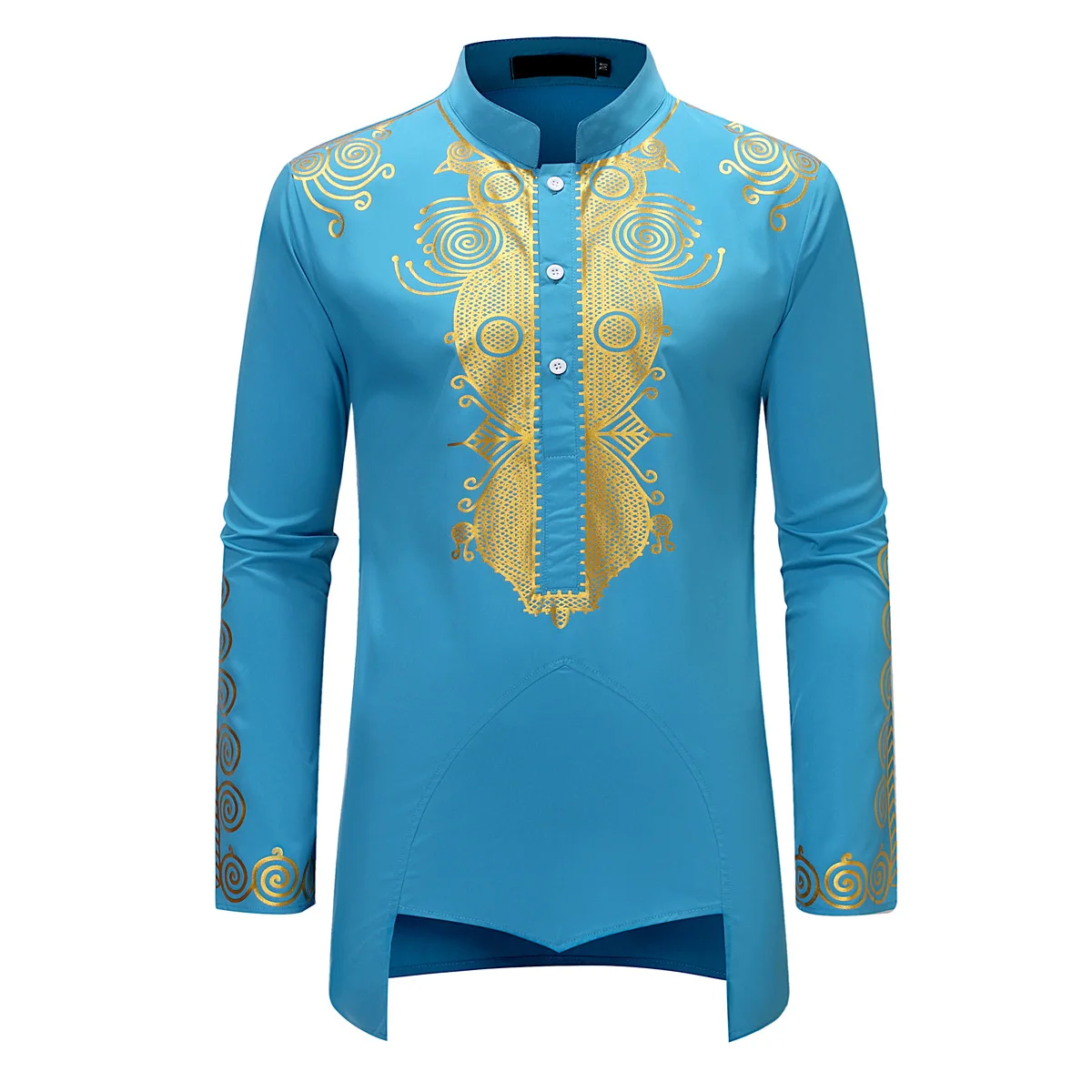 Men\'s Islamic Arabic Abaya Robe Ethnic Print Stand Collar Youth Mid-length Shirt Muslim Men Clothing Luxury Casual Fashion Dubai