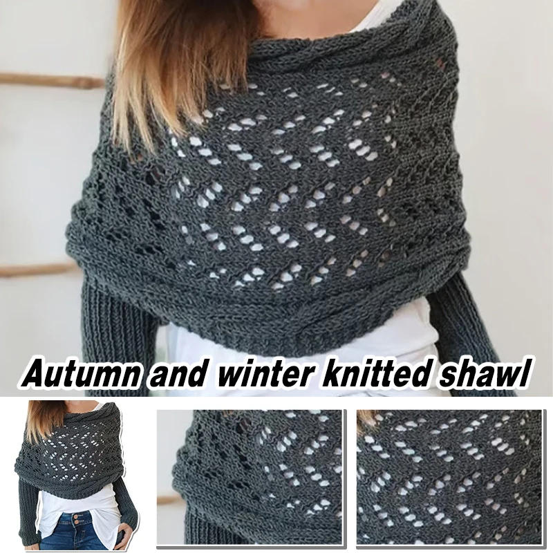 Autumn and Winter Long Shawl Knitted Hollow Out Fashion Casual Wraps Shoulder Sweater Scarf with Lengthened Double Sleeves