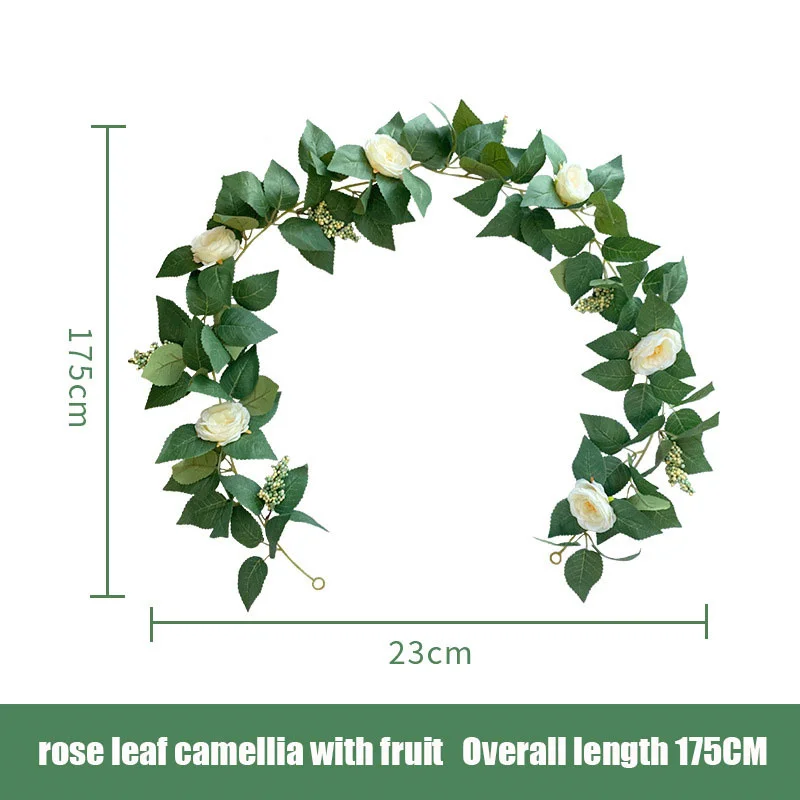 175CM Artificial Rose Leaf Camellia with Fruit Rattan Home Table Decor Fake Green Plant Vine DIY Wedding Decoration Wall Vine