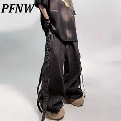 PFNW High Street Trend Niche Design Wide Leg Denim Pants Loose Casual Men's Spliced Fashion Loose Straight Black Jeans 12C1640