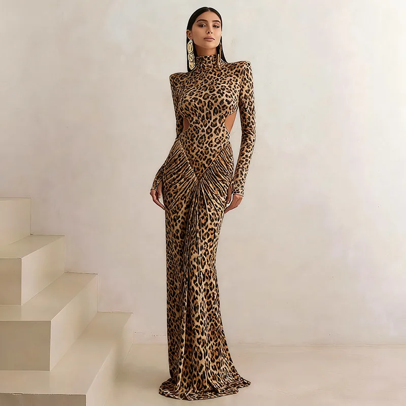 

Elegant Leopard Turtleneck Maxi Dress for Women Winter Sexy Backless Long Sleeve Dress Christmas Evening Party Dress 2026