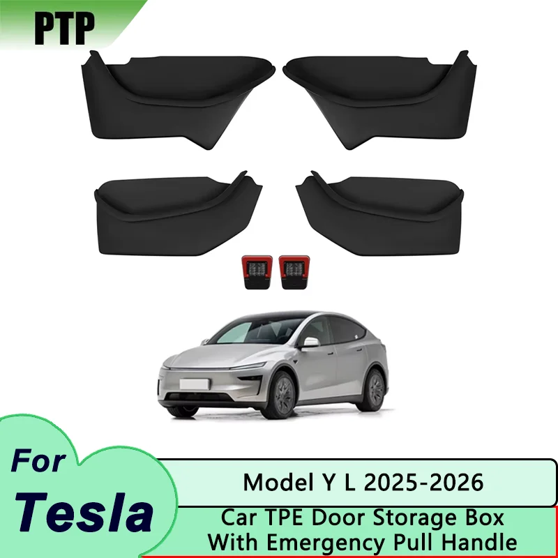 Car TPE Front Rear Door Side Storage Box Organizer Tray +Emergency Pull Handle Auto Accessories For Tesla Model Y L 2025-2026