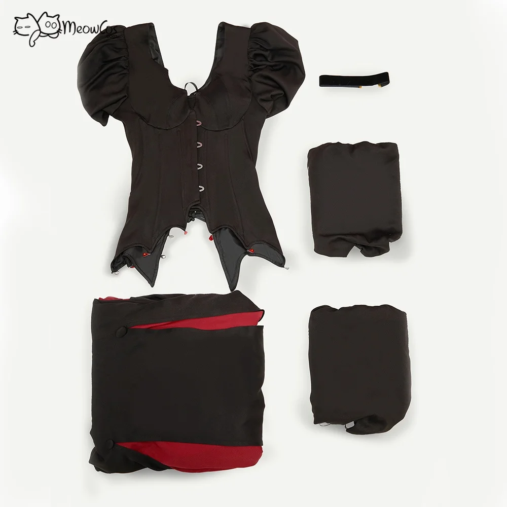 MEOWCOS Women Vintage Bat Corset Top with Pendants and Slit Skirt Set Puffy Long Sleeves Top and Fishtail Skirt Vampire Costume view 6