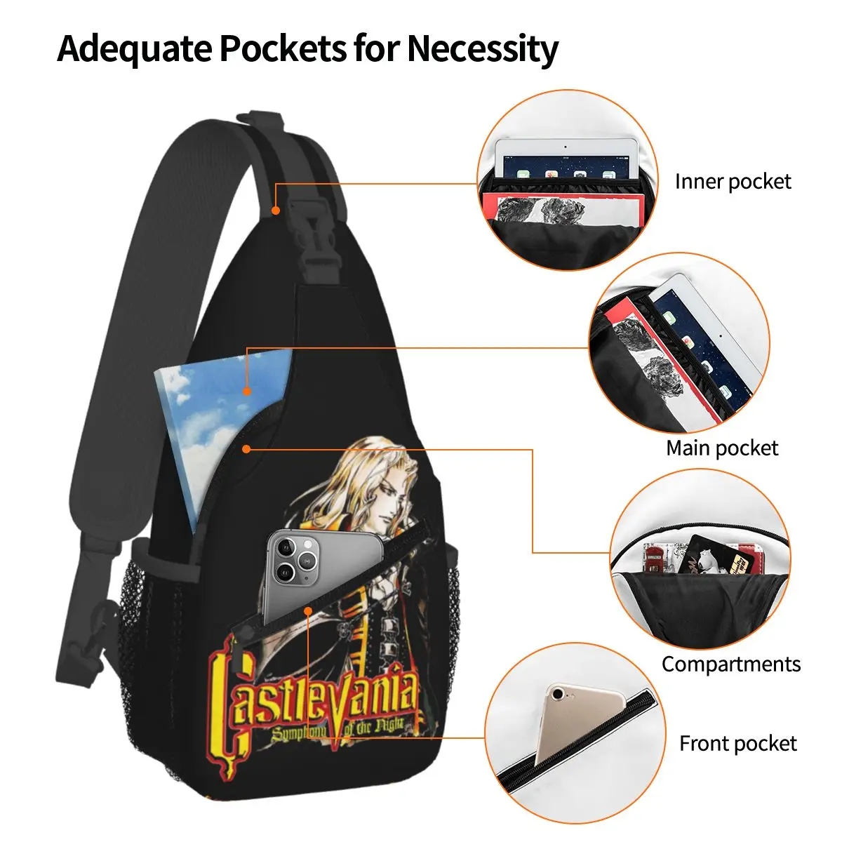 Castlevania Chest Bag Men Sling Crossbody Backpack Chest Bag Travel Hiking Daypack Shoulder Bag