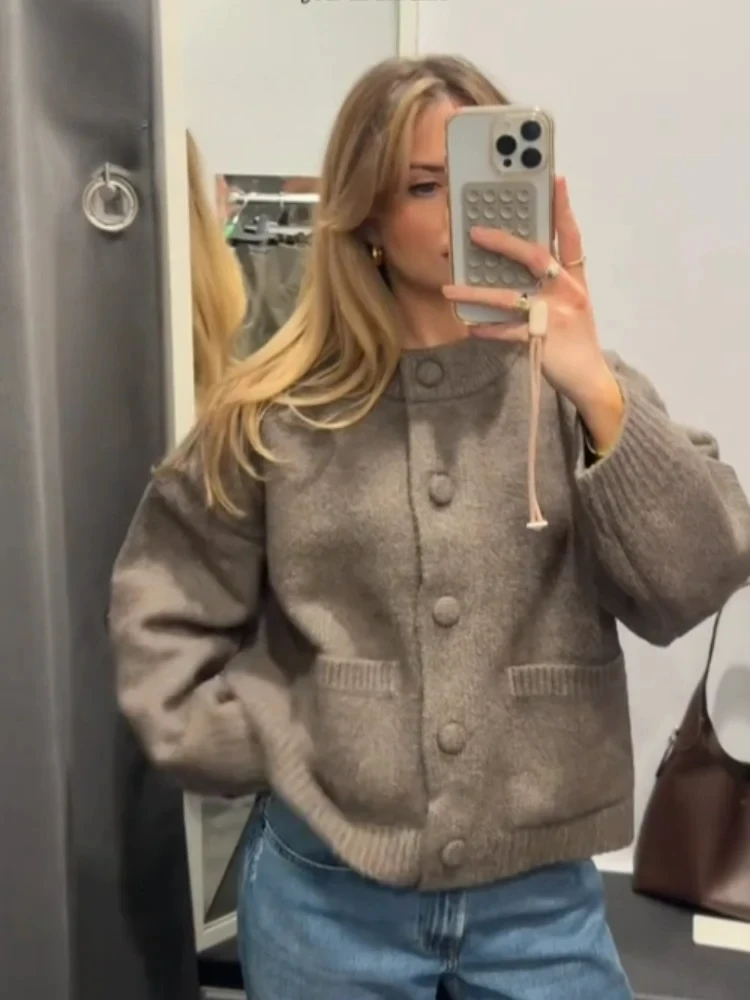 Mingmingxi Casual Solid Knitted Sweater Women Street Single Breasted O-neck Full Sleeve Loose Open Stitch Female