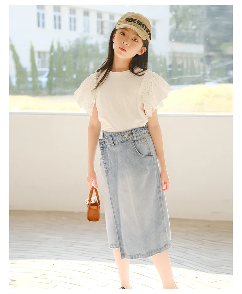 Girls Cowboy Half Skirt Summer Large Children Fashion Cotton Denim  Kids Clothing 7-13 Year Old Free Delivery