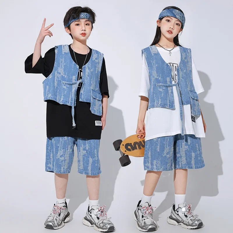 New Children Jazz Dance Costumes for Boys Loose T Shirt Denim Vest Shorts Suit Girls Hip Hop Dance Rave Clothes Teens Stage Wear