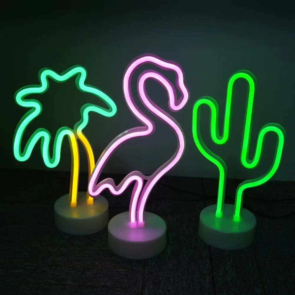 Imagem -02 - Usb Led Neon Sign Light Flamingo Cacto Arco-íris Lâmpada Casa Quarto Armário Gabinete Estudo Cabeceira Mesa Decoração Lâmpada da Noite 12v