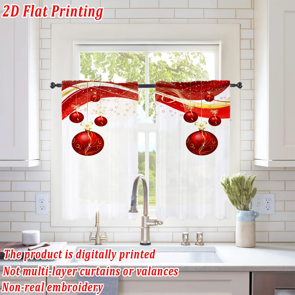 Christmas Flat Printing Kitchen Sheer Curtain with Merry Christmas Ball Ornament For Christmas Home Decor  Party