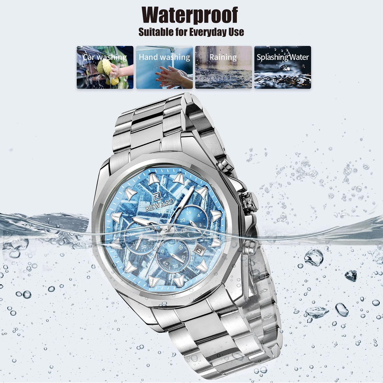 REWARD Ice Blue Quartz Watches for Men Waterproof Luminous Chronograph Watch Stainless Steel reloj hombre