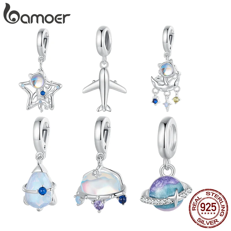 Bamoer 925 Sterling Silver Mini Airplane Planet Moon Astronaut Pendant Charm Bead Women Fit Bracelet DIY Necklace Jewelry Gift