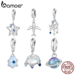 Bamoer 925 Sterling Silver Mini Airplane Planet Moon Astronaut Pendant Charm Bead Women Fit Bracelet DIY Necklace Jewelry Gift