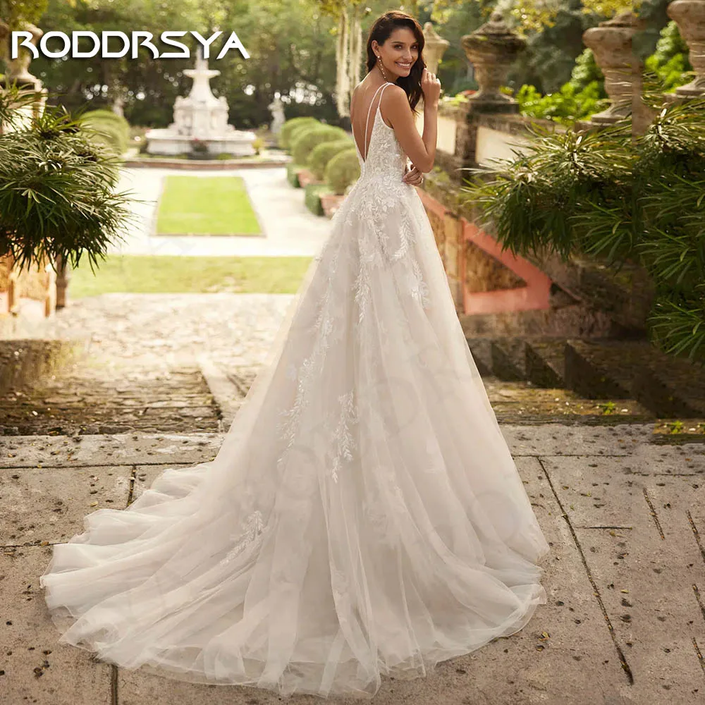 RODDRSYA abito da sposa bohémien con scollo a V 2024 sposa Appliques di pizzo senza schienale abiti da sposa Tulle senza maniche donna vestido de novia Abito da sposa con scollo a V bohémien 2024 Sposa  Abiti da sposa