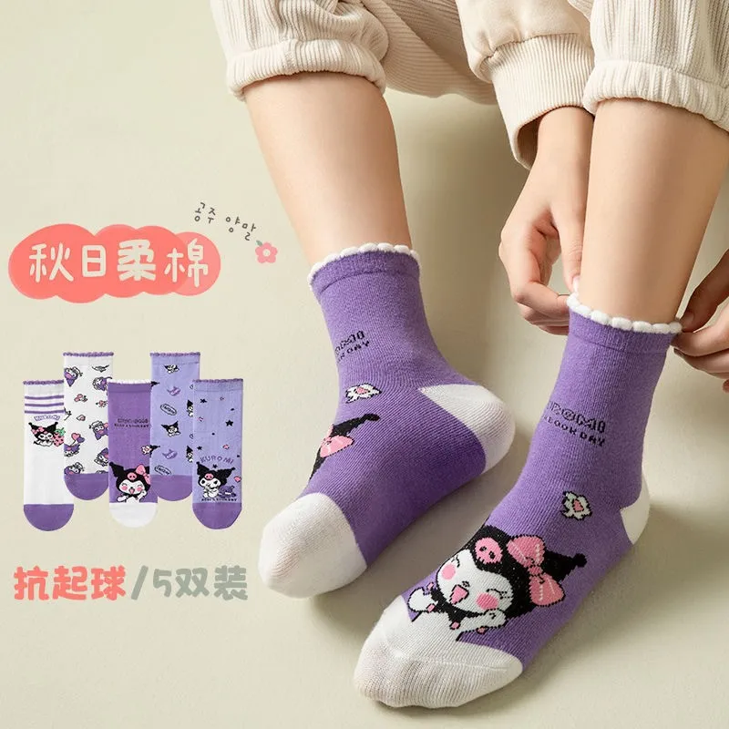 

5 Pairs Sanrio Girls Socks Kuromi New Fall Winter Cartoon Children Mid-calf Socks Cotton Sock for Kids Gifts