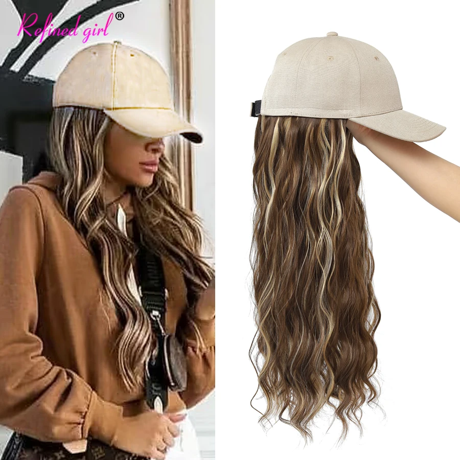 Peruca sintética do chapéu com extensões naturais do cabelo da onda, boné de baseball, unido para a mulher preta, tampão ajustável, marrom, cor loura