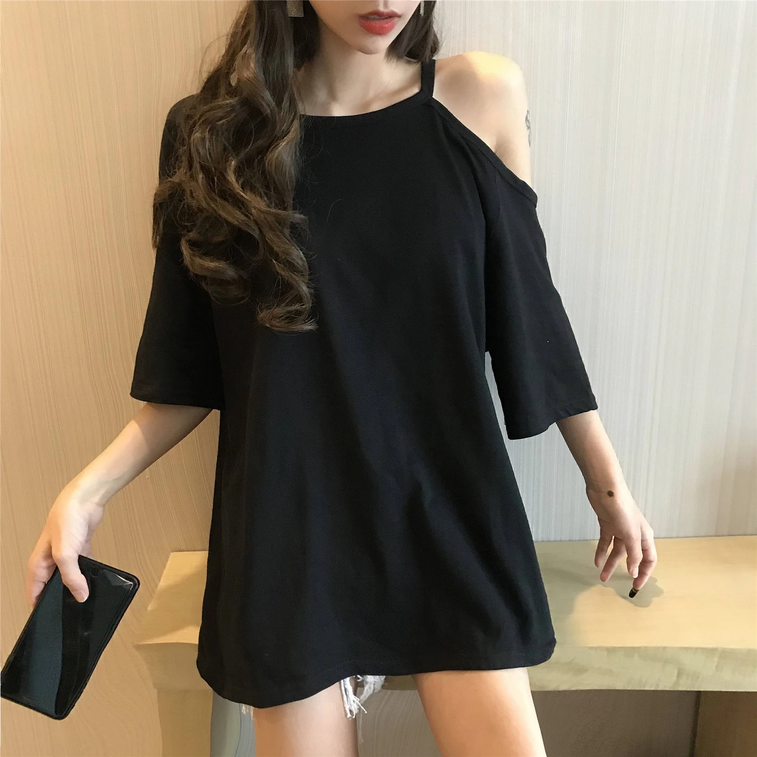 2023 Summer New Women's Tees Mid-length Loose Off Shoulder Short Sleeve T-shirt Korean Female Solid Chic Casual Tops