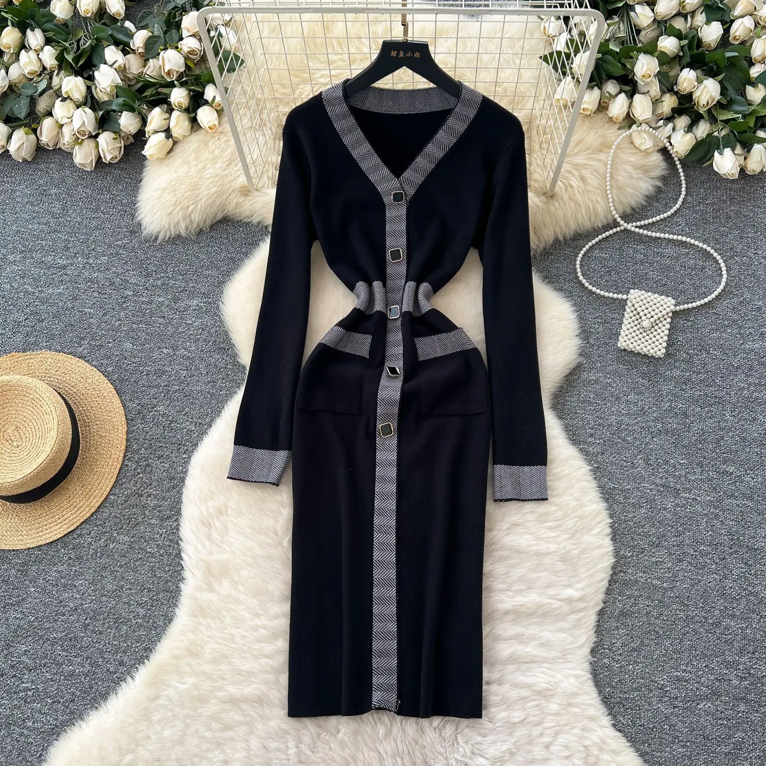 

Women Knitted Dresses Long Dress Color Block Button Pocket V Neck Long Sleeves Waist Cinching Office Lady Casual 2025 Autumn