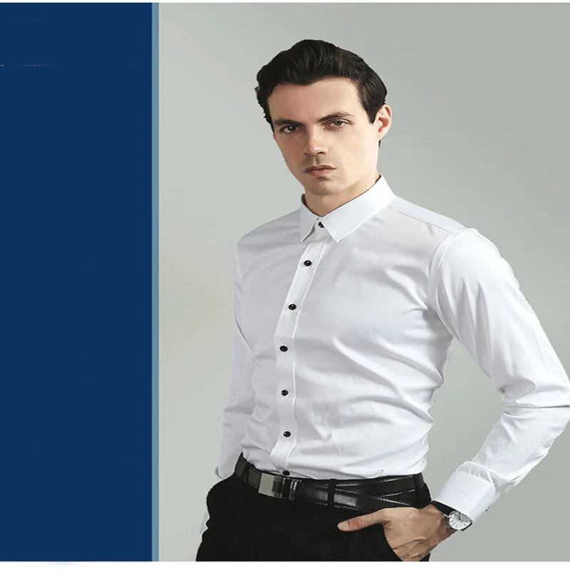 Camisa de manga comprida masculina, ajuste fino, elasticidade sem ferro, fácil de cuidar, camisa de trabalho, negócio, macia, aconchegante, sem