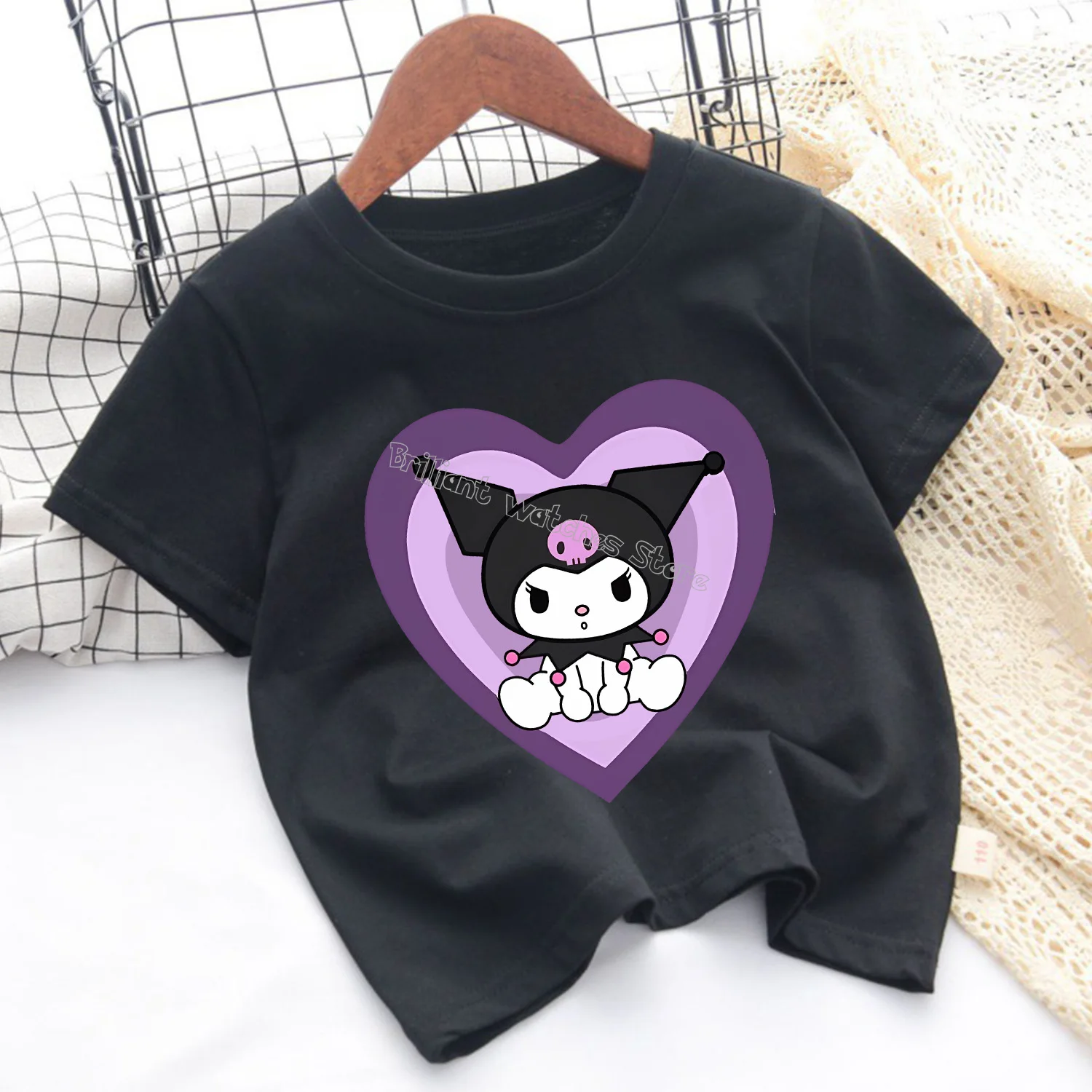 Kuromi T-shirt for Children Cute Sanrio Cartoon Clothes Fashion Fashion Anime Print Clothing Girls Top Kid Summer Black Tee Gift