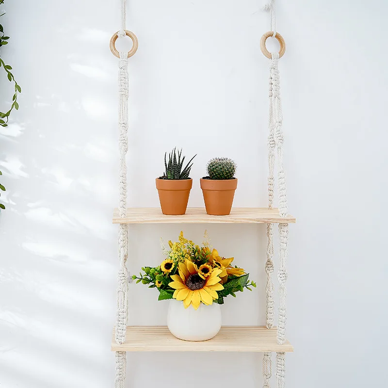 Home Decor and Storage Boho Macrame Wall Hanging Shelf with Three Wooden Planks Rings Handmade Woven White Cotton Rope Tapestry