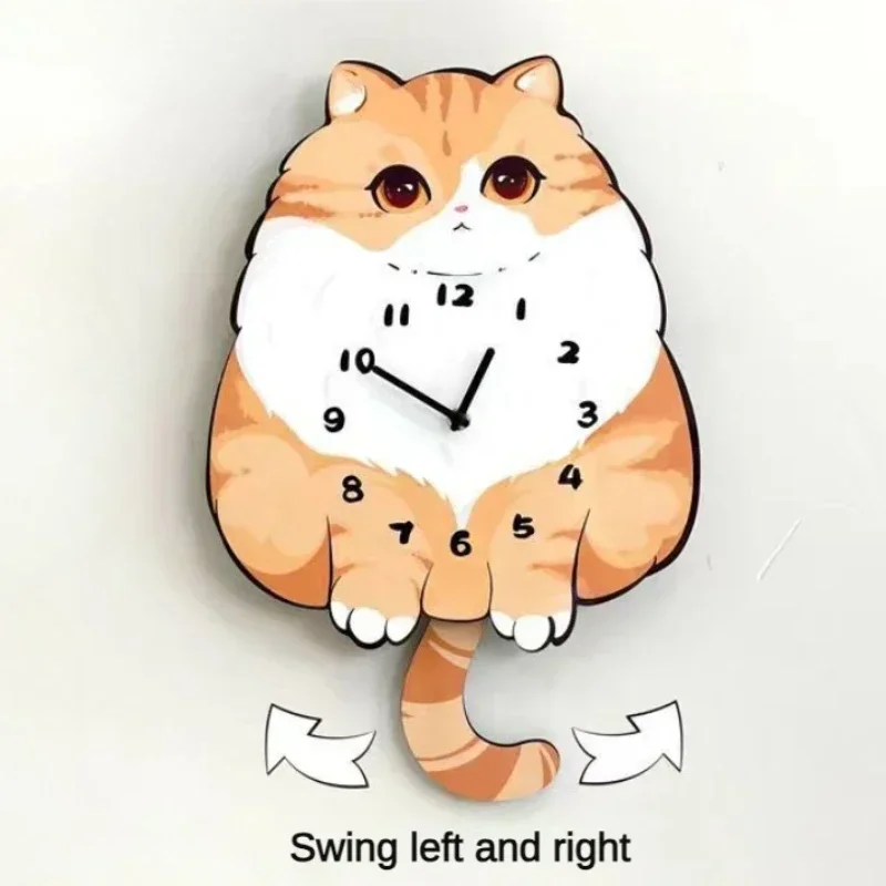 Wooden Clock Cat Cute Cartoon Idea Rocking Wall Clock Family Living Room Bedroom Decoration Silent No Punch Wall Clock