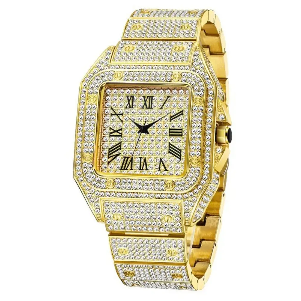 Luxe Moissanite Ijskoude Horloges, Hiphop Buste Down Unisex Diamond Horloge, Roestvrijstalen Moissanite Studs Polshorloge