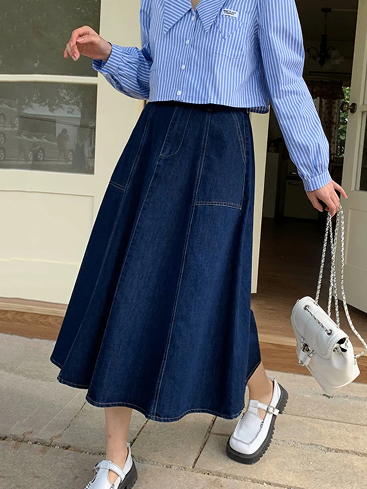 DEAT Fashion Women's Denim Skirt Belt Pockets A-line Open Line Zipper Loose Cotton Mid-calf Skirts Autumn 2024 New Tide 7AB4684