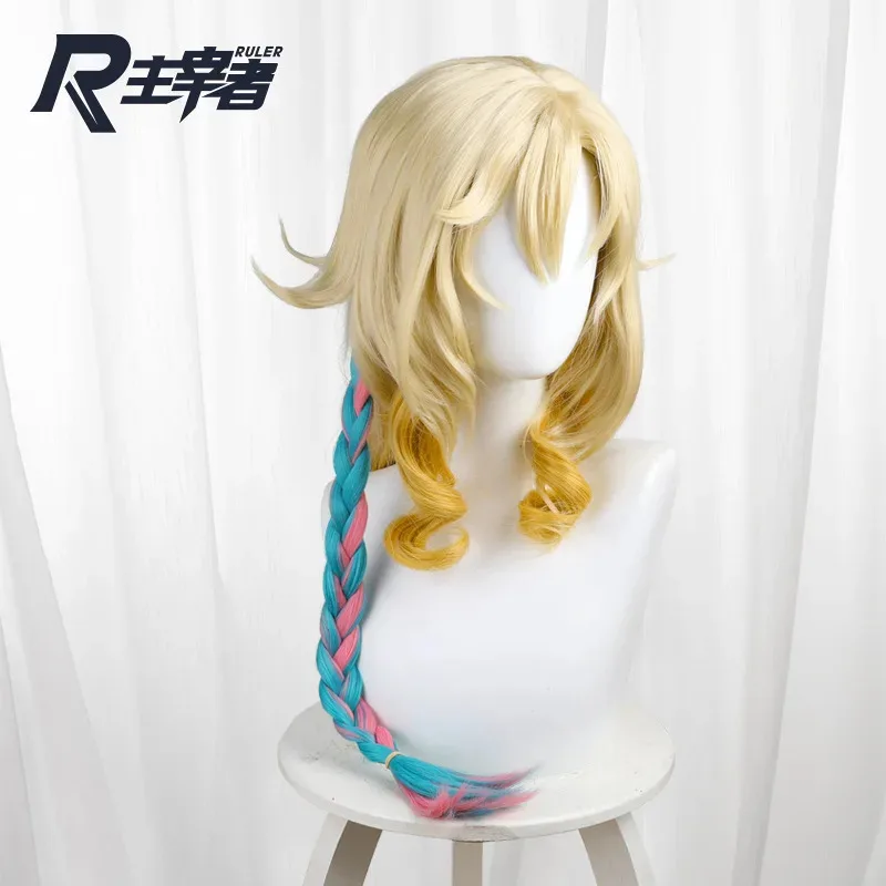 

DY20Genshin Impact Natlan Xilonen Cosplay Wig Golden Yellow Long Hair Pink Blue Braid Heat Resistant Synthetic Hair For Hallowee