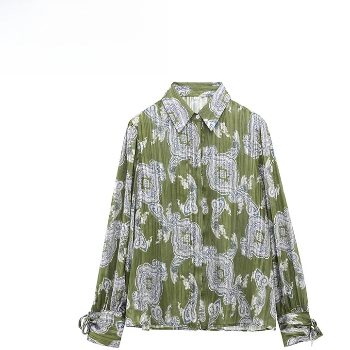 

ZBZA Spring New Women's Faion Design Metal Color Tead Printed irt Casual Loose Fit Long Sve Floral Patterned