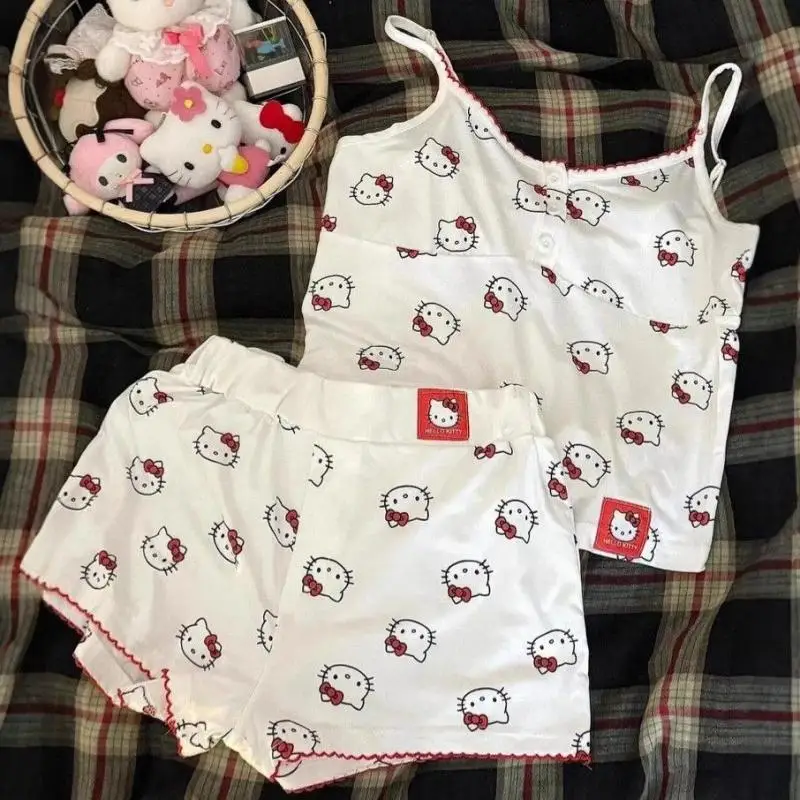 

Sanrio Girls Sling 2 шт. Новые стильные шорты Hello Kittys для девочек, милая повседневная домашняя одежда с полным принтом, которую можно носить на улице