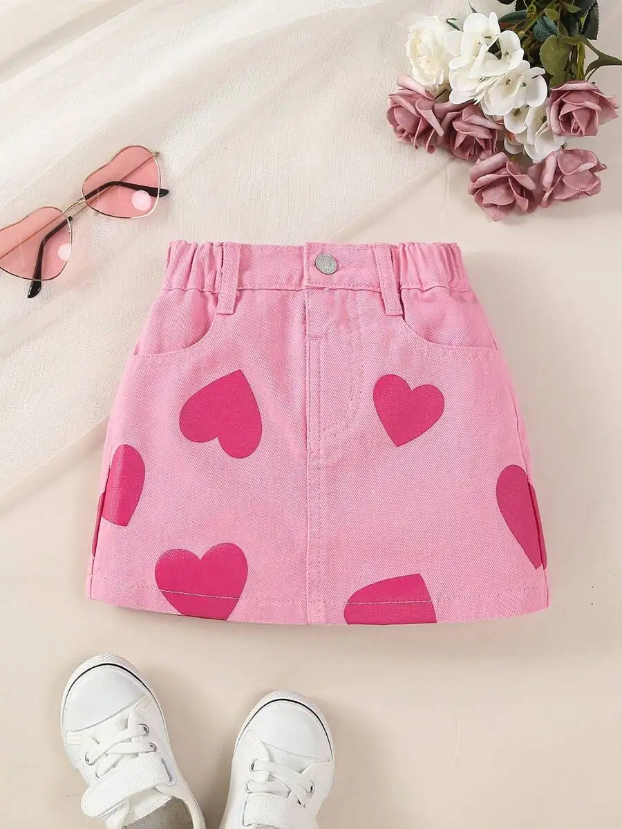 

Pink Heart Print Elastic Waist Denim Mini Skirt for Girls