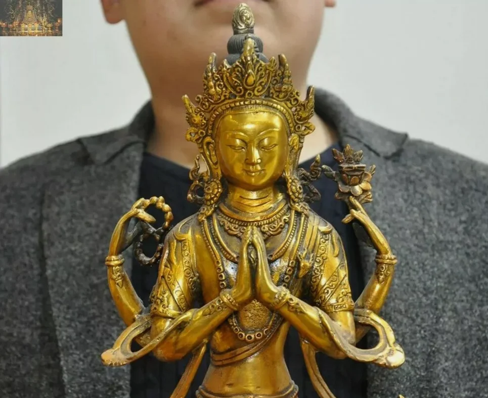 Old Tibetan Buddhism Bronze gilt 4 Arms Chenrezig Kwan-yin Guanyin Buddha Statue