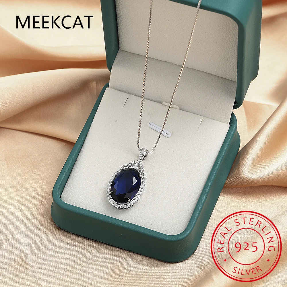 Big Oval Cut Created Blue Sapphire 925 Sterling Silver Pendant Necklace for Women Fine Jewelry Gemstone Choker Colar de Prata