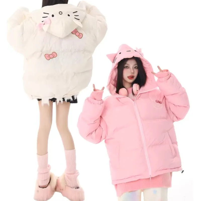 2024 New Hello Kitty Hooded Padded Down Coat Clothes for Women Cute Sweet Winter Warm Loose Zipper Parkas Jackets