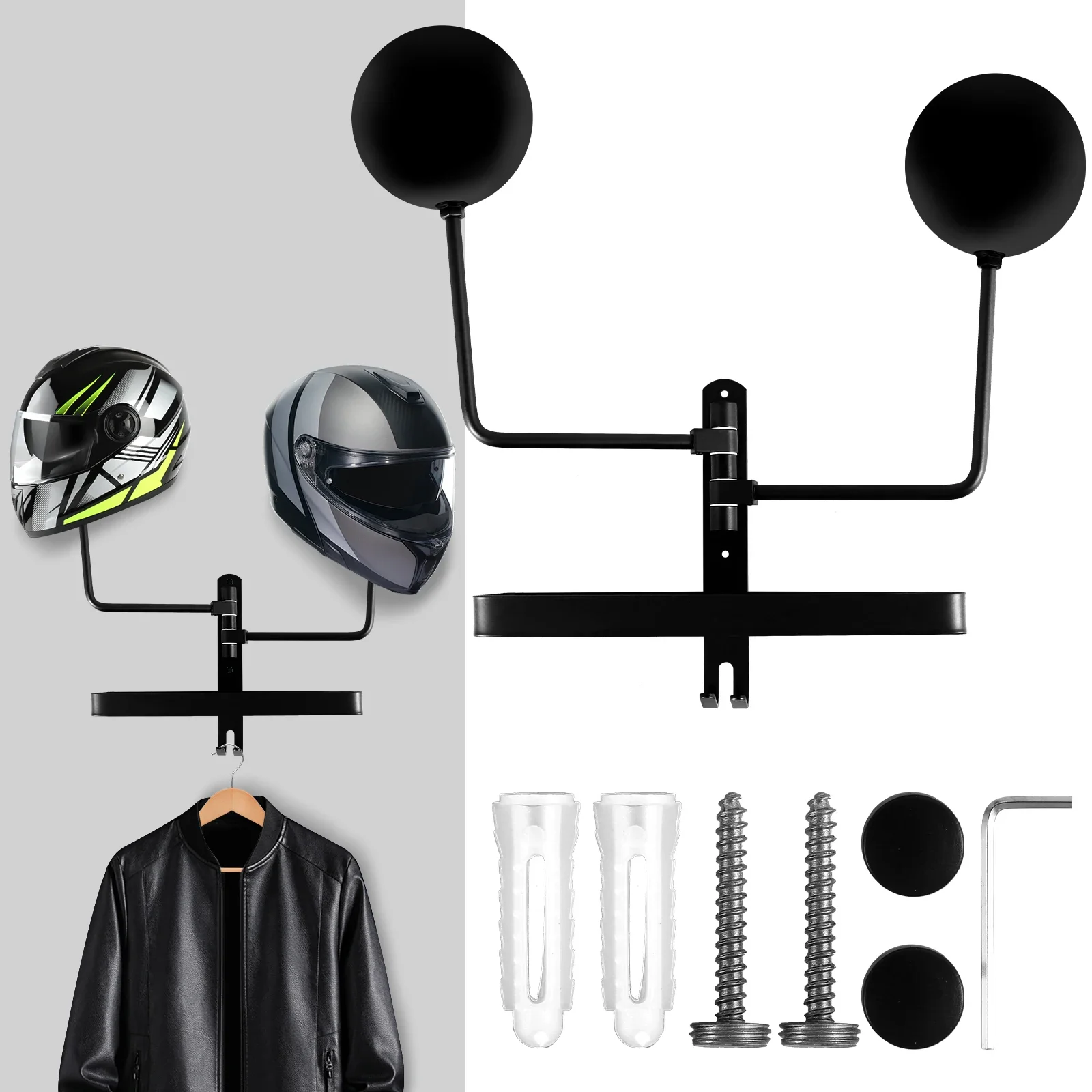 Motorcycle Helmet Rack Wall Mounted Helmet Rack with Hook 180° Rotating Bicycle Helmet Holder Display Rack Aluminum Hanger