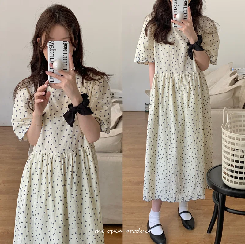 

Women Summer Polka Dot Loose Waist Bandage Long Dress Female Vintage Vestidos with Belt Sundress Robe Longue Femme Zomer Jurk