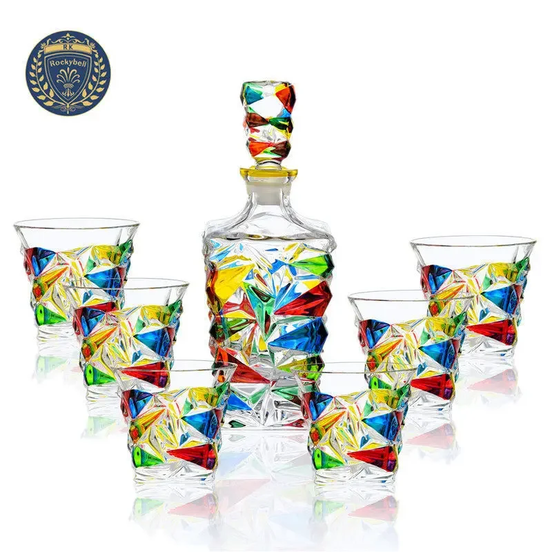 Colorful Crystal Glass Bottle and Cups, Wine Decanter, Whiskey, Liqour Pourer, Home Bar Vodka Beer Bottle Jar, JR