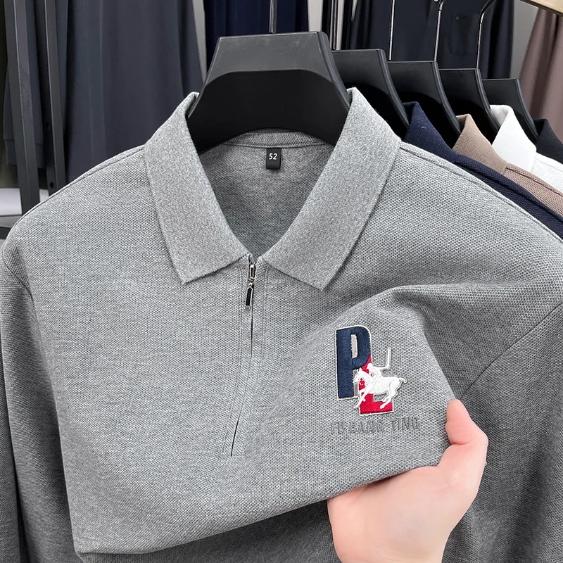 

100% cotton high-end long sleeve polo shirt autumn leisure half zipper lapel T-shirt fashion brand Paul Pony embroidery men wear