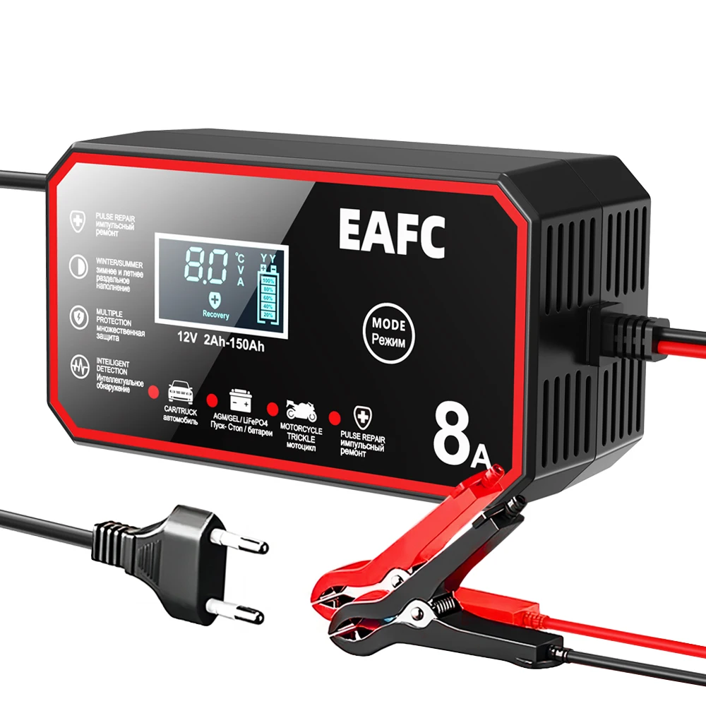 EAFC 12V 8A 6A Autobatterieladegerät Pulsreparatur LCD-Display Intelligentes Schnellladen für Auto Motorrad Minivan SUV Oldtimer